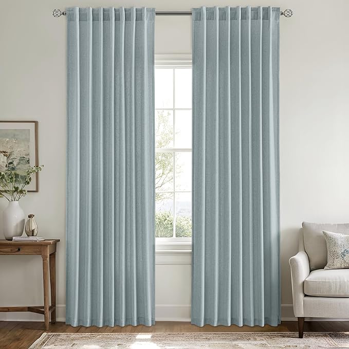 MIULEE Non-See-Through Privacy Linen Curtains 2 Panels, Light Filtering Window Curtains Farnhouse Textured Back Tab Semi Sheer Drapes for Bedroom Living Room, 52 x 72 Inches Long, Stone Blue