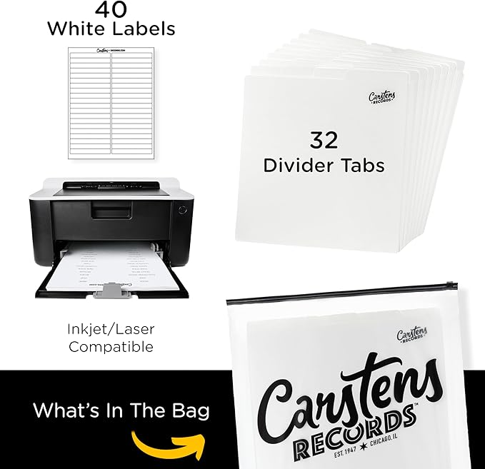 Carstens Records Heavy Duty Vinyl Album Dividers | 12" LP Organizers with Tabs | Pack of 32 White | Made in The USA | Personalizable