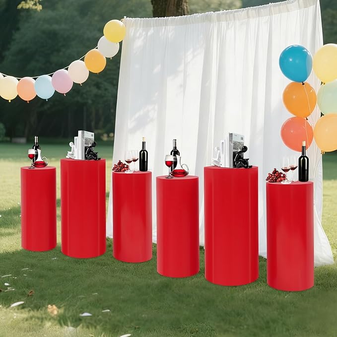 OUKANING 6 PCS Metal Display Pedestal Stands, Red Cylinder Display Stands Pillars, Decoration Cube Sculpture Display Column for Wedding Party Baby Shower Birthday, H27.56'', 26'', 23.62''