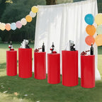 OUKANING 6 PCS Metal Display Pedestal Stands, Red Cylinder Display Stands Pillars, Decoration Cube Sculpture Display Column for Wedding Party Baby Shower Birthday, H27.56'', 26'', 23.62''