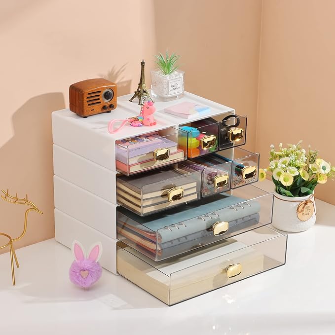 Spacious Desk Drawers, Stackable Desktop Organizer, Plastic Storage Box for Office, School & Home Supplies (1 Middle & 2 Small Drawers, White)