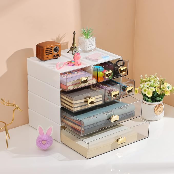 Spacious Desktop Storage Box, 1 Large 1 Middle & 2 Small Storage Drawers, Stackable Office Desk Drawer Organizer and Accessories, Printer Paper Organizer, White Plastic Drawers for Workspace