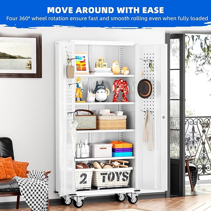INTERGREAT Metal Storage Cabinet with Wheels, 72" Locking Storage Cabinets with Door and 4 Shelves, Tool Storage Locker on Casters for Home Office, White