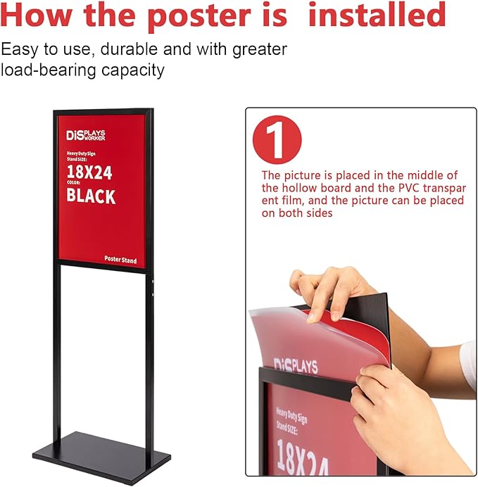 DISPLAYSWORKER Sign holder floor stand, heavy Duty Pedestal poster banner stand for display,18×24 inch slide-in double sided poster sign holder floor standing for board Display (Black, 18×24)