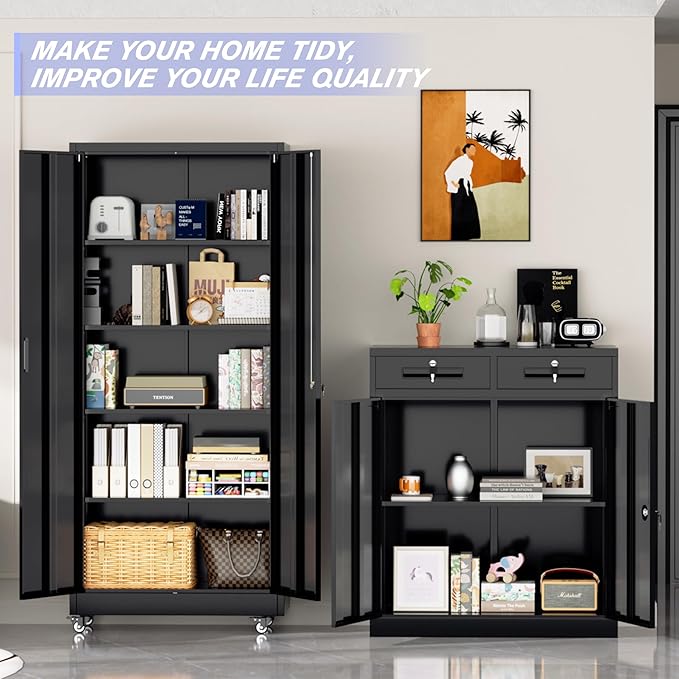 Superday Garage Storage Cabinet with Wheels，73" H Metal Storage Cabinet with Doors and Adjustable Shelves, Lockable Steel Utility Tool Cabinets for Garage, Home Office, Kitchen(Black)