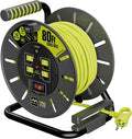 Masterplug 80ft Cord Reel, Retractable Extension Lead with Winding Handle, Safety Overload Circuit Breaker and Power Switch, 4X Grounded Outlets, 13amps, 14AWG Cable