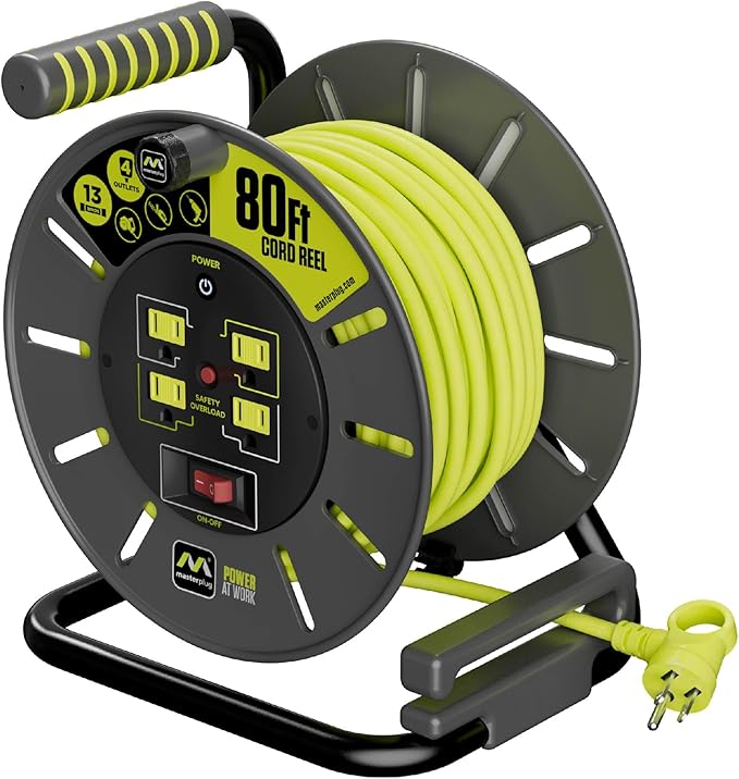 Masterplug 80ft Cord Reel, Retractable Extension Lead with Winding Handle, Safety Overload Circuit Breaker and Power Switch, 4X Grounded Outlets, 13amps, 14AWG Cable