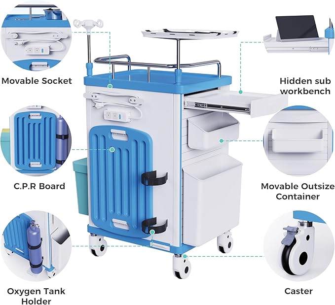 Medical Rolling Crash Cart with Wheels-CPR Board, IV Pole, O2 Holder, Trash Bin, Silent Casters,Drawers with Dividers, Emergency Cart for Clinic, Hospital, Nursing Center