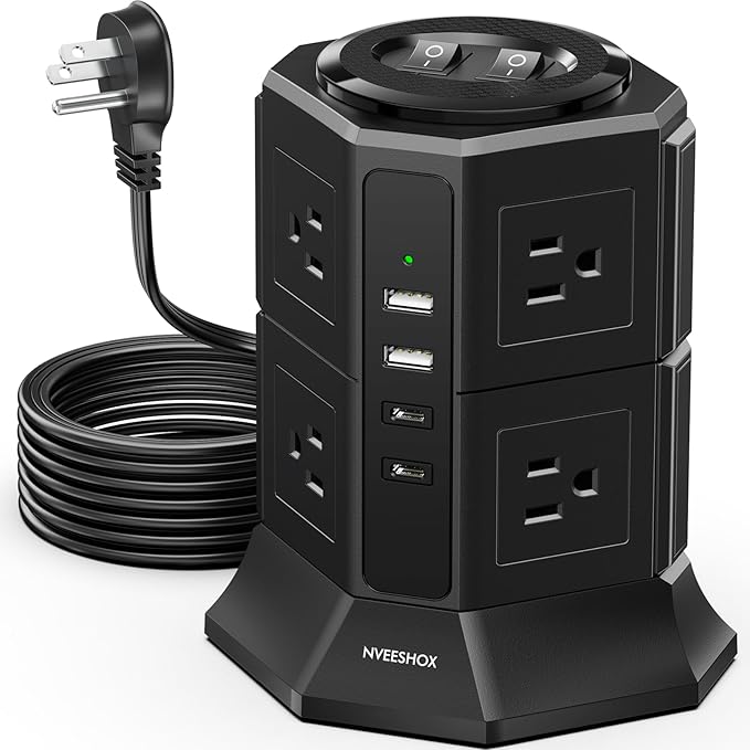 Surge Protector Power Strip Tower with 8 AC Outlets 4 USB Ports(2 Type C), 6.5 FT Ultra Flat Extension Cord, Flat Plug Power Strips Tower with Surge Protection for Home, Office, Dorm