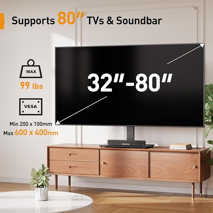 Perlegear Universal TV Stand with Power Outlet, Swivel TV Stand for 32-80 inch TVs up to 99 lbs, TV Base with Tempered Glass Base, Height Adjustable TV Mount Stand Max VESA 600x400mm PGTVS31