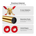 VIVOHOME Stainless Steel Stanchion Post Queue 4PCS Pole w/ 2 Red Velvet Ropes, Crowd Control Barriers w/Fillable Base for High-end Venues, Museums, Party Supplies (4 Pieces, Golden)