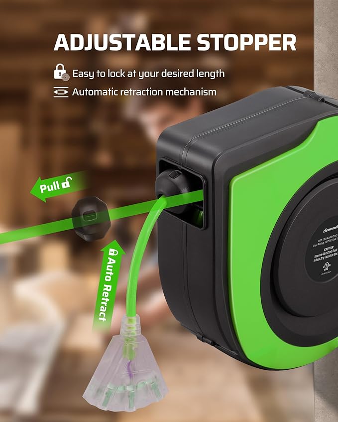 DEWENWILS Retractable Cord Reel, 60FT Heavy Duty Extension Cord, 12AWG/3C SJTOW, 3 Grounded Outlets Lighted Triple Tap, 15A Circuit Breaker, Wall/Ceiling Mounted for Garage, Workshop, UL Listed, Green