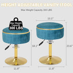 Adjustable Vanity Stool with Storage, 360° Swivel Makeup Stool Chair Small Velvet Round Ottoman with Gold Base for Bedroom (Blue)