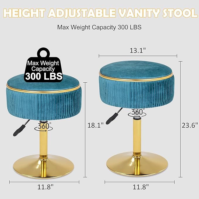 Adjustable Vanity Stool with Storage, 360° Swivel Makeup Stool Chair Small Velvet Round Ottoman with Gold Base for Bedroom (Blue)