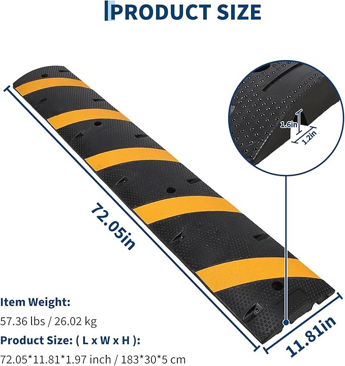4 Pack 6FT Speed Bumps for Road, Heavy Duty 25,000 Lbs Capacity Traffic Rubber Speed Humps with 2 Channel Floor Cord Cover for Asphalt Concrete Gravel Driveway Road Cable Protector Ramp