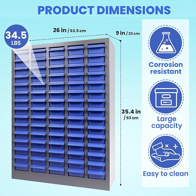 75-Drawer Parts Cabinet with Labels & Dividers, ABS Non-Slip Drawers & Steel Frame, Nut Bolt Screw Tool Organizer for Workshop, Garage, Craft, Toy & Accessory Storage