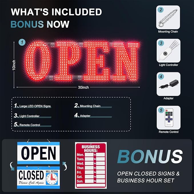 30" x 10" Large LED Open Signs with Remote Control 14 Modes Dimmable Open Sign for Business Window Stores Retail and Restaurant Red