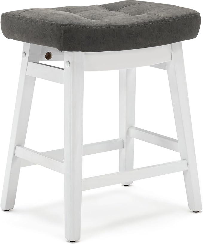 Counter Height Bar Stool for Kitchen Counter Modern Backless Barstool with Upholstered Faux Leather Seat and Solid Wood Leg Farmhouse 24 inch Bar Chair, Grey + White, 1pc