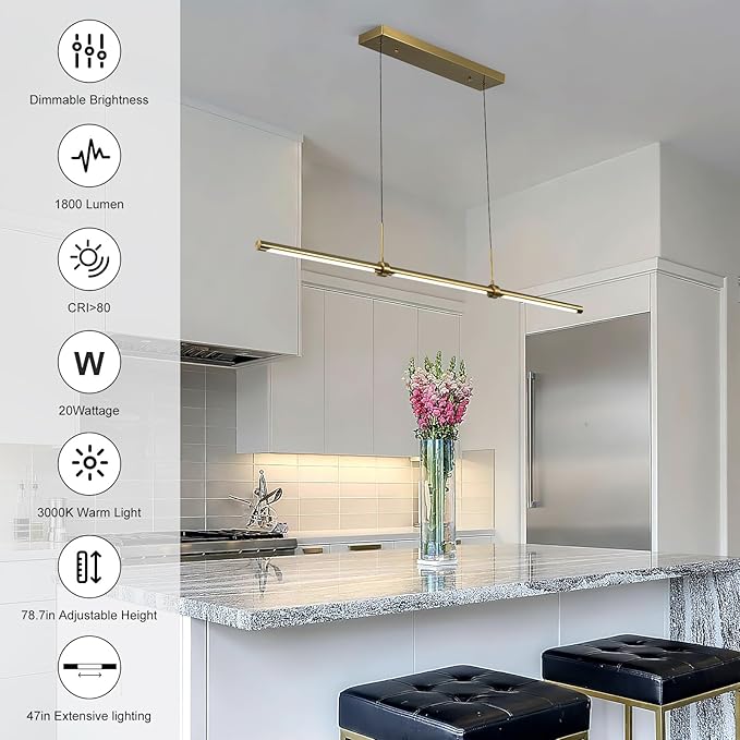 EDISLIVE Modern Linear LED Island Light Dimmable LED Chandelier 47.24 in Adjustable Linear Hanging Light Fixture 3000K 20W Pendant Light for Dinning Room Kitchen，Gold