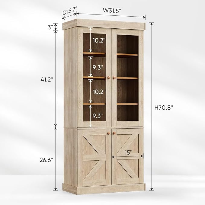 Vyre 71" Tall Farmhouse Bookshelves with Glass Doors, Set of 4 – Large Modular Bookcase with Adjustable Shelves, Storage Cabinet for Living Room, Kitchen, Home Office, Brown