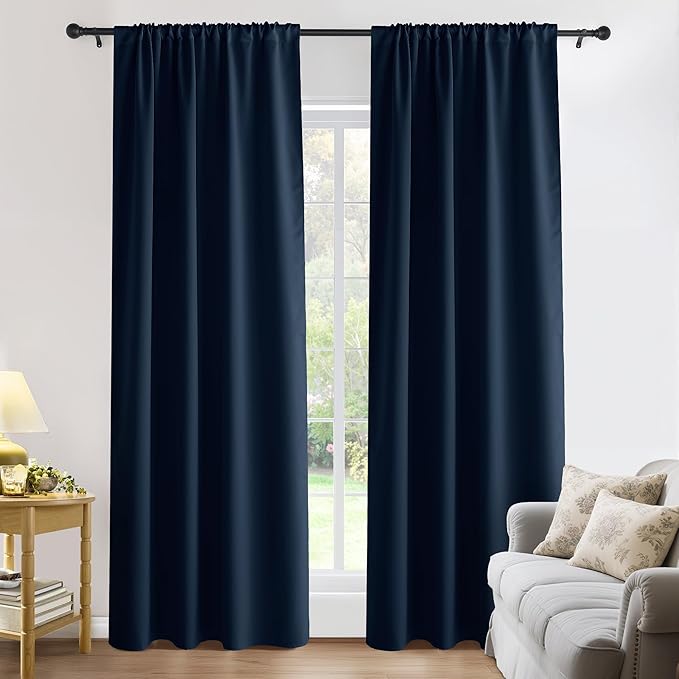 PONY DANCE Blackout Curtains for Bedroom 90 inches Long 2 Panels Set, Thermal Insulated Rod Pocket Black Out Window Drapes, Noise Reducing Window Treatment for Living Room(W52 x L90 inch, Navy Blue)