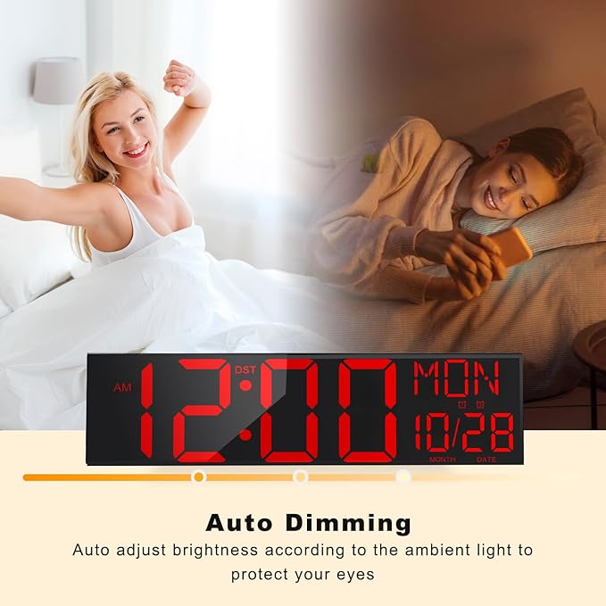JALL 29.8" Large Digital Wall Mount Clock with Remote Control, Alarm, Big LED, Countdown, Auto DST, Temperature for Living Room Classroom Desk, Red Font