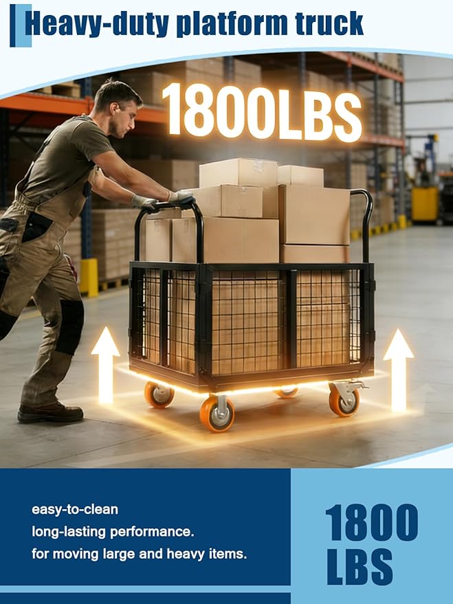 6-in-1 Platform Truck Cart with Cage, Foldable Hand Truck Load 1800 LBS with 4 Wheels Push Cart Dolly for Grocery, Laundry, Garage, Warehouse (Black+Orange)
