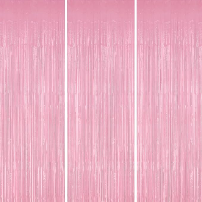 3 Pack Foil Fringe Backdrop - Shiny Tinsel Curtains for Party Decoration/Photo Booth Props - 3.3x8.2 FT Metallic Foil Backdrop for Birthday, Wedding, Graduation, Christmas-Pastel Pink