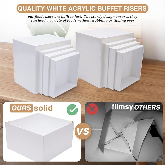 Buffet Risers, Acrylic Food Risers for Buffet Table, 8Pcs Buffet Table Risers with Mini Signs, Food Service Risers Display Stands Risers with Hollow Bottoms, 6" 6.5" 7" 8'' Risers for Buffet Jewelry