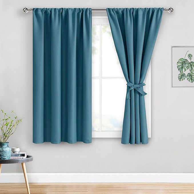 JIUZHEN Blackout Curtains for Bedroom - Thermal Insulated,Noise Reducing Room Darkening Privacy Rod Pocket Drapes for Living Room, Set of 2 Panels with Tiebacks, 42 x 54 inch Long, Stone Blue