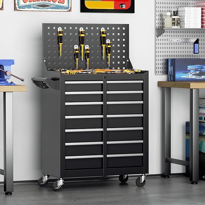 Superday Rolling Tool Chest, 7 Drawer Portable Tool Chest with Wheels, Tool Storage Cabinet with Lock for Garage, Steel Tool Cart with Pegboard & Hooks for Workshop, Warehouse (Black)