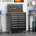 Superday Rolling Tool Chest, 7 Drawer Portable Tool Chest with Wheels, Tool Storage Cabinet with Lock for Garage, Steel Tool Cart with Pegboard & Hooks for Workshop, Warehouse (Black)