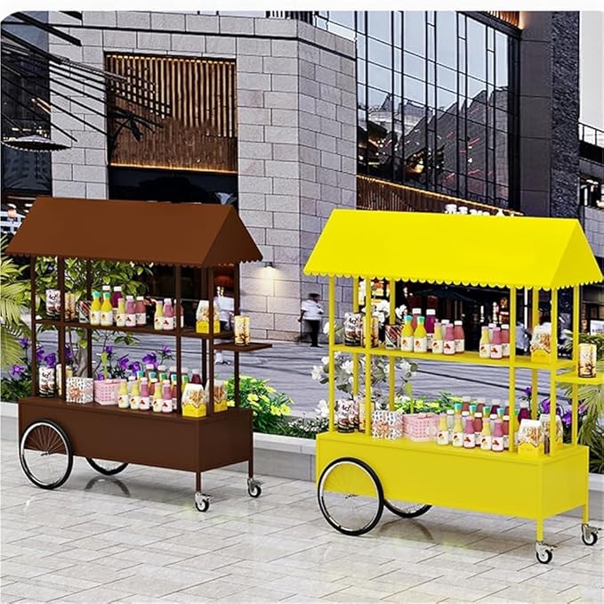 Portable Food Cart with Striped Canopy, Mobile Vendor Display Stand with Lockable Wheels, Iron Outdoor Cart for Market, Street Food or Events(Brown,47.2in)