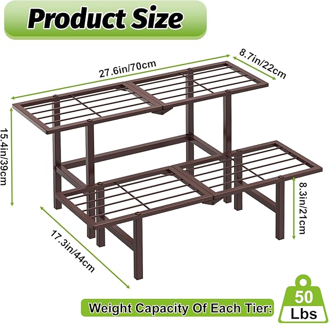Plant Stand Indoor Outdoor, 2-Tier Foldable Metal Ladder Plant Stands, Stackable Metal Plant Shelf Decorative Flower Pot Holder Display Rack for Garden Living Room Patio,Brown