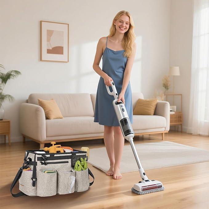 Wearable Cleaning Caddy Bag for Cleaning Supplies,Large Capacity Cleaning Organizer White