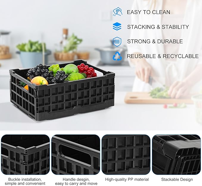 4-Pack Heavy Duty Stackable Storage Crates Plastic Collapsible Milk Crate Garage Organizing Bins Storage Containers for Home Office Moving Supplies, Black