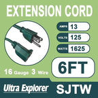 6 Ft Indoor Outdoor Green Extension Cord, 16/3 SJTW Heavy Duty Water-Resistant, 3 Prong Grounded Plug Power Cord for Home Appliance, Lights and Lawn, 13A 1625W, UL Listed