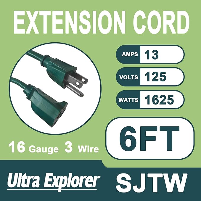 6 Ft Indoor Outdoor Green Extension Cord, 16/3 SJTW Heavy Duty Water-Resistant, 3 Prong Grounded Plug Power Cord for Home Appliance, Lights and Lawn, 13A 1625W, UL Listed
