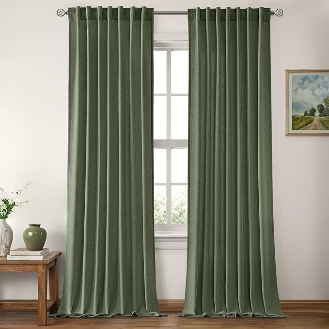 MIULEE Non-See-Through Privacy Linen Curtains 2 Panels, Light Filtering Window Curtains Farnhouse Textured Back Tab Semi Sheer Drapes for Bedroom Living Room, 52 x 108 Inches Long, Olive Green