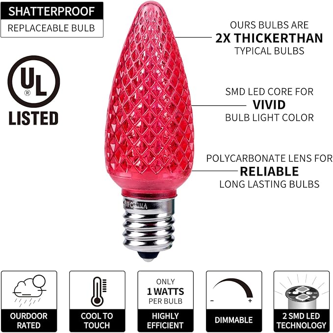 Brightown C9 Christmas String Lights, Red and Warm White Commercia Outdoor Christmas Lights with 150 Strawberry C9 LED Bulbs, Waterproof Extendable UL Certified for Party Holiday Indoor Xmas Decor
