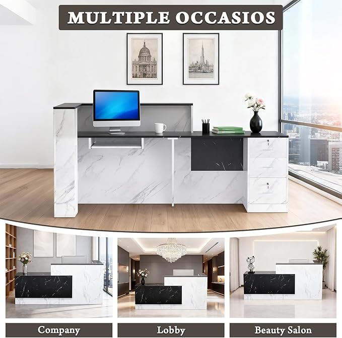 L-Shaped Modern Reception Desk with Counter & Storage - 71"/84" Large Office Front Desk, Salon Checkout Counter with Lockable Cabinets, Shelves & Drawers (Black & White, Left - 71''L x 34''W x 41''H)