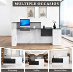 L-Shaped Modern Reception Desk with Counter & Storage - 71"/84" Large Office Front Desk, Salon Checkout Counter with Lockable Cabinets, Shelves & Drawers (Black & White, Left - 71''L x 34''W x 41''H)