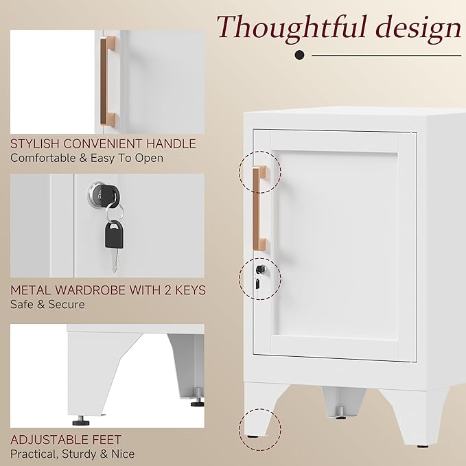 Bestoo Metal Locking Cabinet, 23.6" H Locker with 1 Magnetic Door and 1 Adjustable Shelve, Small Lockable Nightstand, White Bedside Storage Cabinets for Bedroom, Home, Office, School