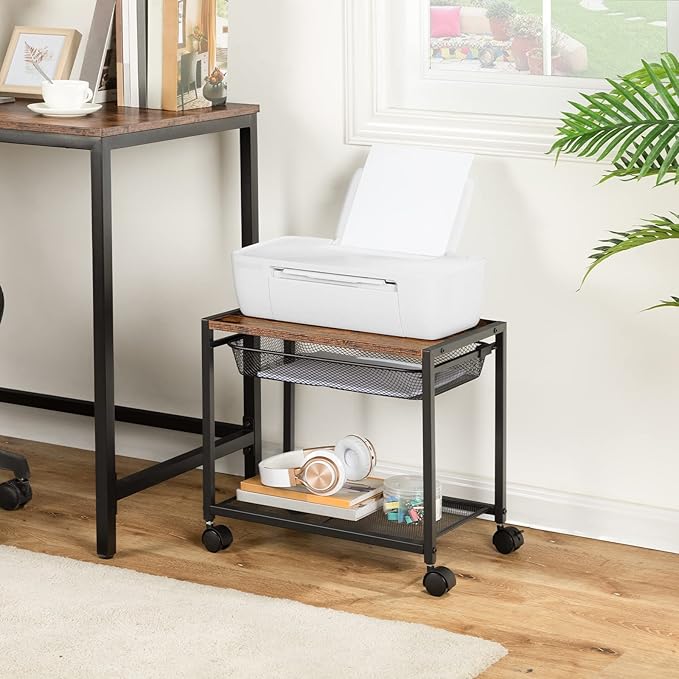 HOOBRO Under Desk Printer Stand, Industrial Printer Cart with Storage Shelf, 2-Tier Mobile Printer Table on Wheels, Heavy Duty Machine Storage Rack for Office and Home Rustic Brown + Black BF12PS01