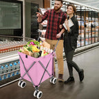 Goplus Folding Shopping Cart with Wheels, Grocery Cart with Removable Oxford Cloth Liner, Lightweight Utility Cart for Groceries Laundry, Pink