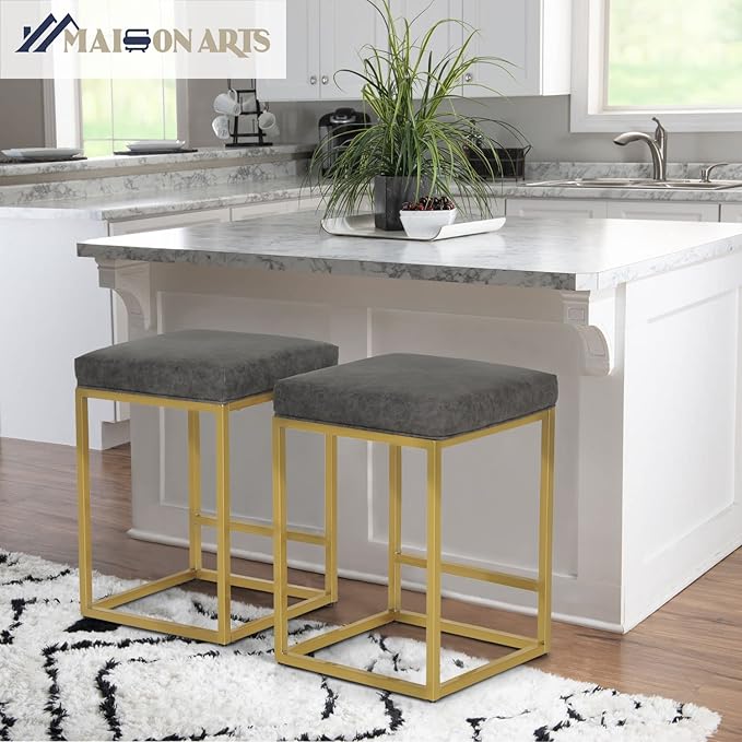 MAISON ARTS 24 Inch Grey+Gold Counter Height Bar Stools Set of 2, Stain & Scratch Resistant PU Leather Seat, Sturdy Metal Frame, Easy Assemble, Ideal Space Saver