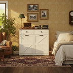 Farmhouse Dual Tilt Out Trash Can Cabinet, Holds 2 x 10 Gallon Bins Hidden Laundry Hamper Cabinet, with Hideaway Drawer Garbage Can Cabinet, Ideal for Kitchen & Laundry Room (Antique White)