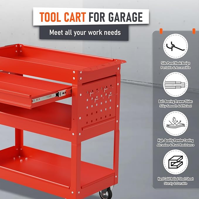3-Tier Rolling Tool Cart, Heavy Duty for Mechanics, 400 LBS with Drawers, Red