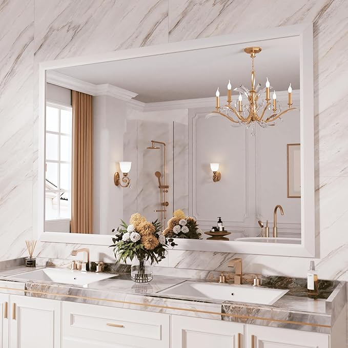Amorho Bathroom Mirror, 60x40 Inch White Framed Bathroom Mirrors for Over Sink, Wall-Mounted Mirrors for Bedroom, Living Room, Entryway(Horizontal/Vertical).