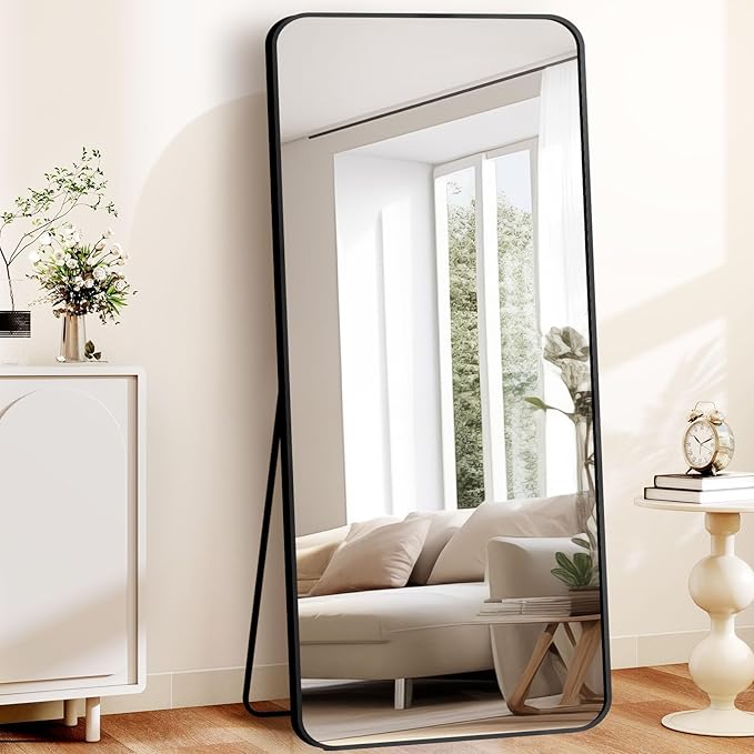 Full Length Mirror with Stand, 71"x31" Floor Mirror, Aluminum Alloy Black Thin Frame, Freestanding/Leaning/Wall Mount for Bedroom, Living Room & Entryway (Black)